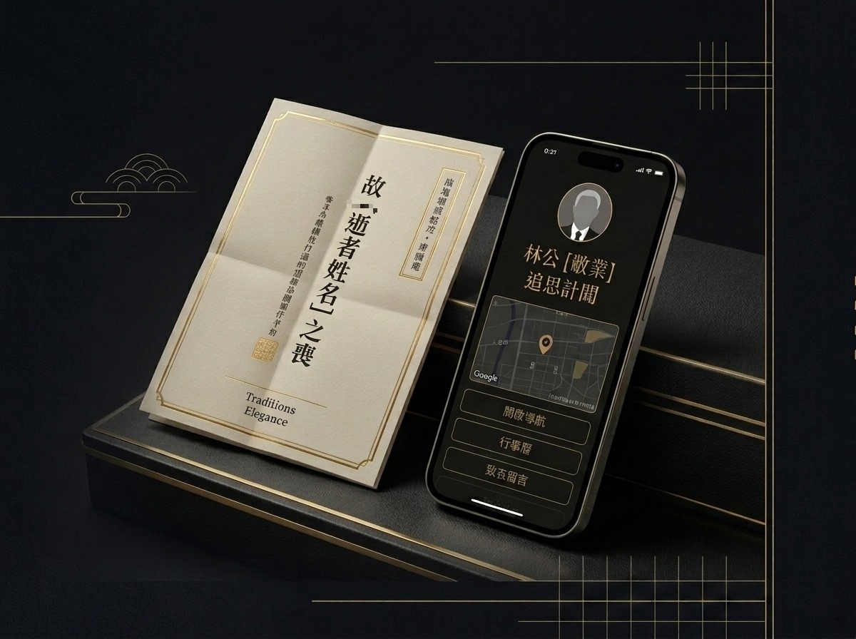 實體折疊燙金紙本訃聞與手機電子訃聞實機介面